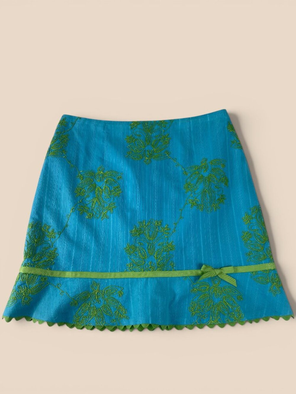 VTG‎ Nanette Lepore Mini Skirt Embroidered Ribbon Blue Green Y2K Made in USA 10